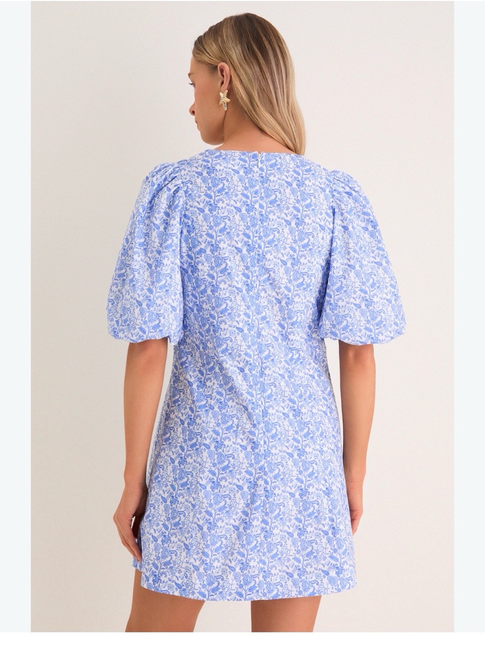 Blue Floral Puff-Sleeve Mini Dress